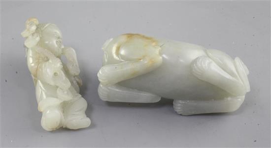 Two Chinese pale celadon jade figures of Liu Hai and his three legged toad and a recumbent lion-dog, 19th/20th century, length 6.6cm